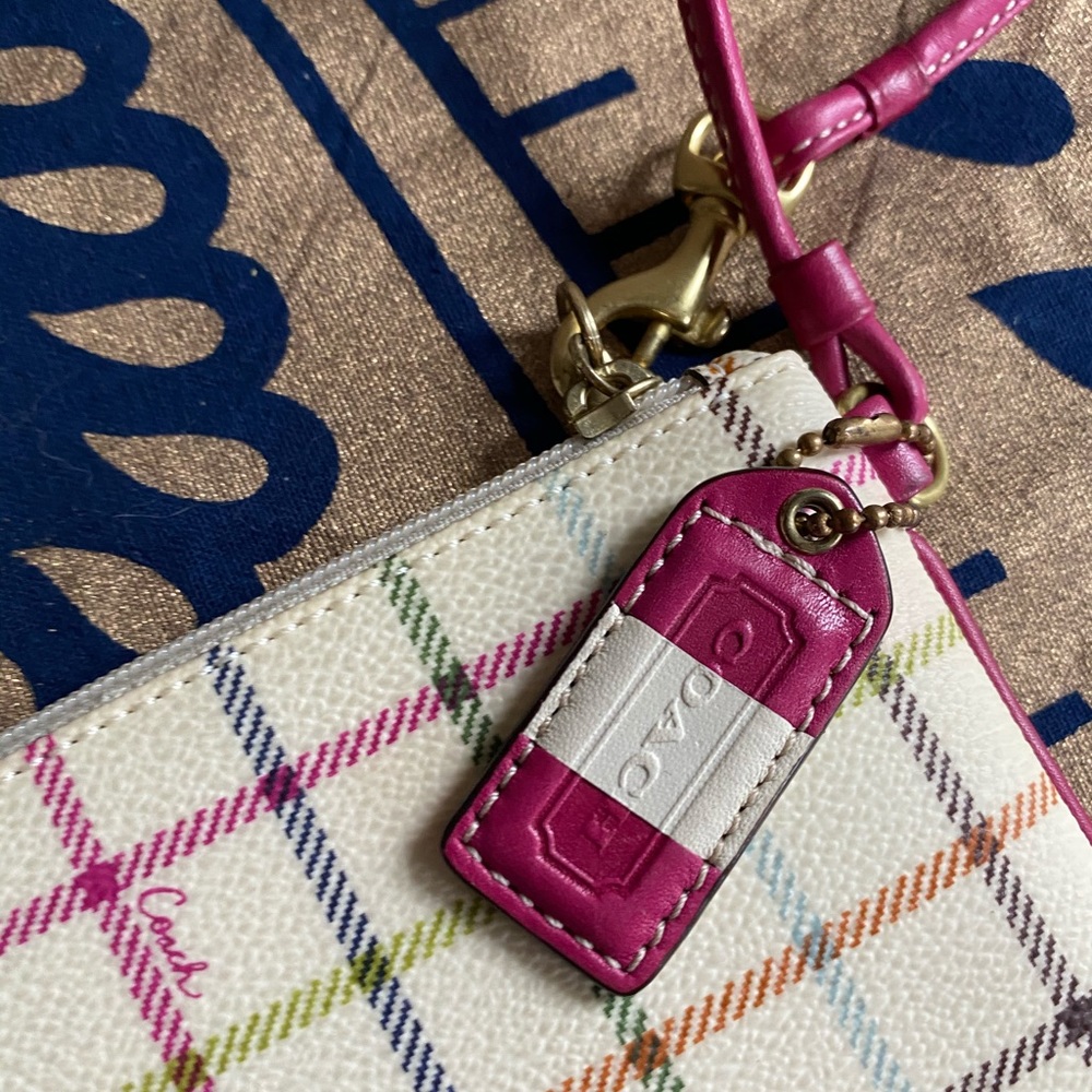 Coach Pink Heritage Plaid Wristlet